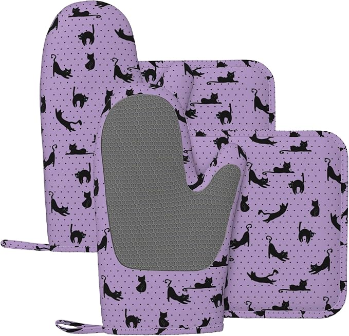 Black Cat Oven Mitts and Pot Holders Sets of 4,Resistant Hot Pads with Polyester Non-Slip BBQ Gloves for Kitchen,Cooking,Baking,Grilling