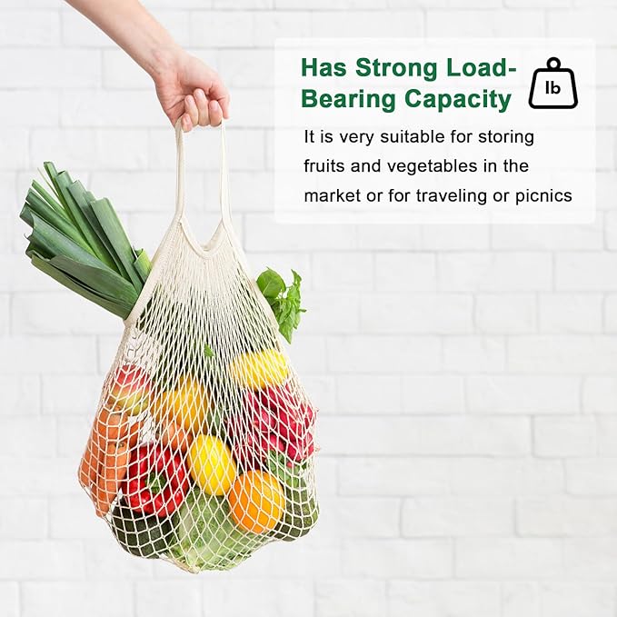 M METERXITY 2-Pack Cotton Mesh Bag, Reusable Washable Mesh Net String Grocery Bags, Reusable Produce Bags with Handle, Net Tote Bag for Fruits/Vegetables Shopping [Orange, Long&Short Handle]