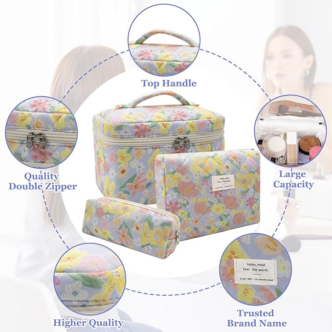 3pc Makeup Bag Set, Quilted Makeup Bag Set, Large Floral Cosmetic Bag for Women, Cute Cotton Makeup Bags, Flower Travel Toiletry Organizer Bag (Large Flower)