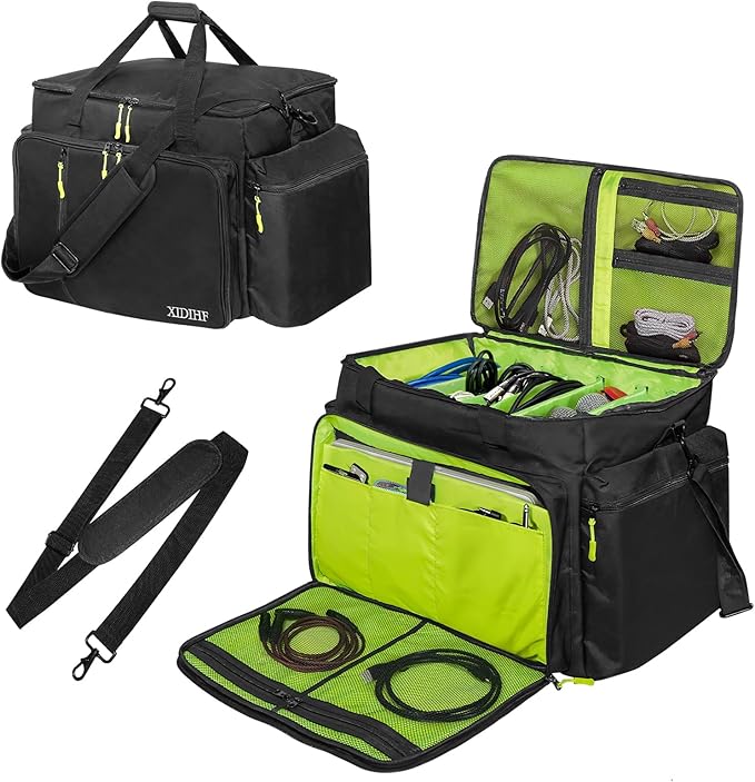 XIDIHF DJ Cable File Bag with Adjustable Dividers, Travel DJ Gig Bag for Cables, Cords, DJ Gear, & Musicians Accessories, for Professional Equipment, 18''Wx14''Dx12.2''H