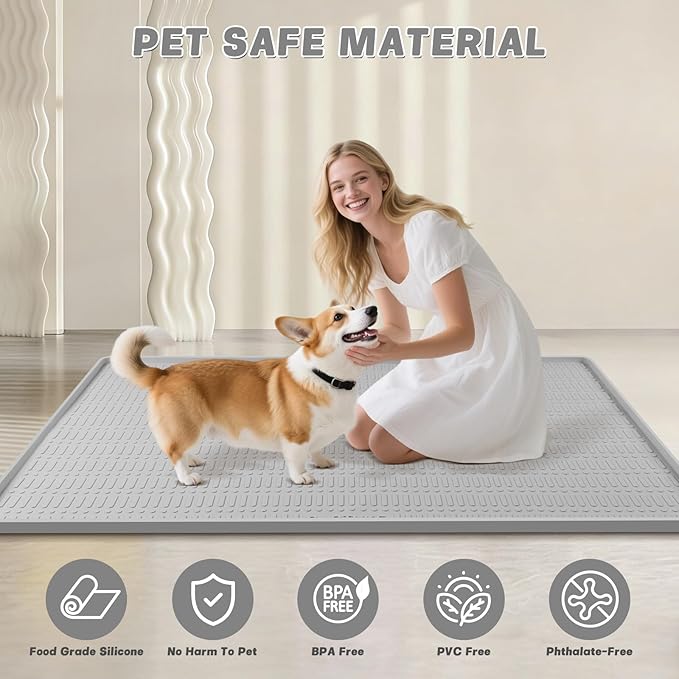 47" x 35" Silicone Dog Food Mat, Waterproof Pet Feeding Mat with Raised Edge, Extra Large Dog Bowl Mat Non-Slip Water Bowl Placemats for Dogs, Protects Floors, Easy to Clean (Light Gray)