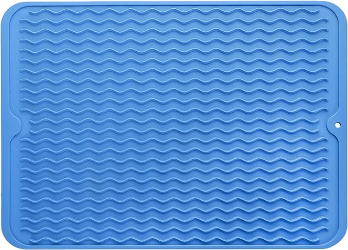 Silicone Dish Drying Mat for Multiple Usage,Easy clean,Eco-friendly,Heat-resistant Silicone Mat for Kitchen Counter or Sink,Refrigerator or drawer liner Lichen BlueL L 16 inches x 12 inches