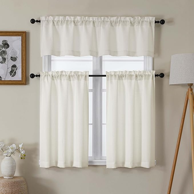 Lecloud Bessie Ivory Valance for Windows 14 Inch Length 2 Pcs, Faux Linen Semi-Sheer Curtain Valance, Yellowish Cafe Short Curtains with Rod Pocket for Small Windows, Each 30 W x 14 L