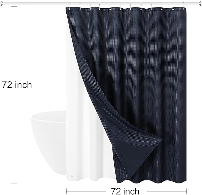 Craidlela 3 in 1 Shower Curtain Set, Navy Blue Waffle Shower Curtain and PEVA Liner Set with 12 Stainless Steel Shower Curtain Hooks, Waterproof Fabric Shower Curtains for Bathroom, 72 W x 72 H