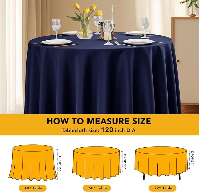 6-Pack Navy Blue Round Tablecloths, 120 Inches, Stain-Resistant Polyester for 5-6 Ft Round Tables - Washable Table Covers for Weddings, Banquets, Birthday Parties, Events