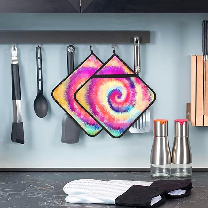 2pcs Rainbow Tie-Dye Pot Holder with Loop, Set of 2 Heat Resistant Oven Pads, Professional Baking Food Hot Pat for Kitchen Cooking Barbecue (Colorful)