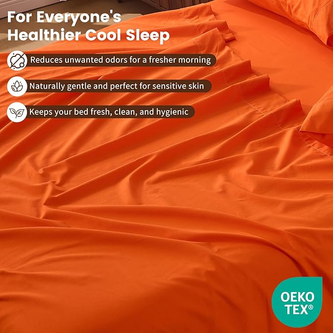 100% Linen Sheet Set Queen Size Extra Deep Pocket Fits 18-24 Inch Mattress, Breathable & Soft, Smooth 4-Piece Set for Thick Mattresses Hotel Luxury Bedding（Queen, Orange）