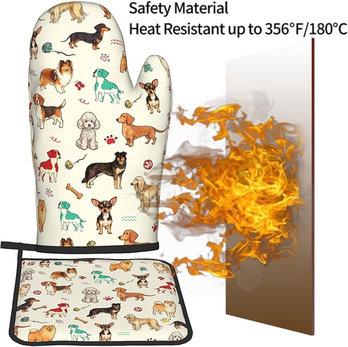 Dog Oven Mitts and Pot Holders Sets 2Pcs,Funny Oven Gloves Potholder Cute Animal Design Kitchen Mitt for Chef Cooking Baking Housewarming