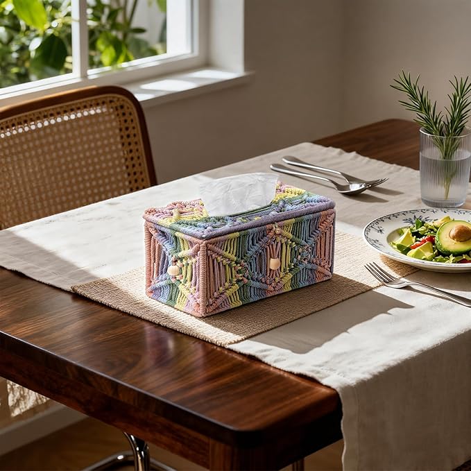 KaloKalo Handmade Tissue Box Cover Rectangle Decorative Macrame Boho Tissue Holder Cotton Rope Woven Napkin Facial Paper Organizer Bohemian Desk Storage Container with Buckle Wood Beads (Rainbow)