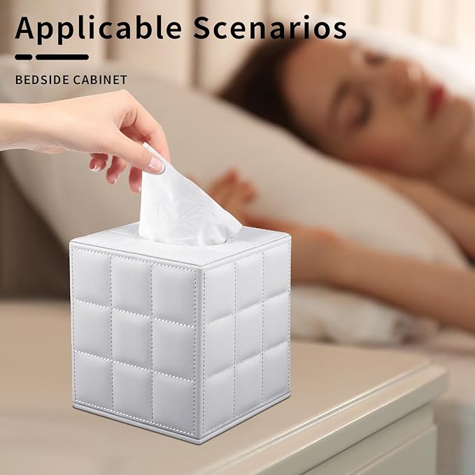 XNONE Tissue Box Cover Square Tissue Box Holder PU Leather Facial Organizer with Magnetic Bottom,Decorative Napkin Caddy for Vanity Dresser Night Stand Table Countertop Home Office Car,White