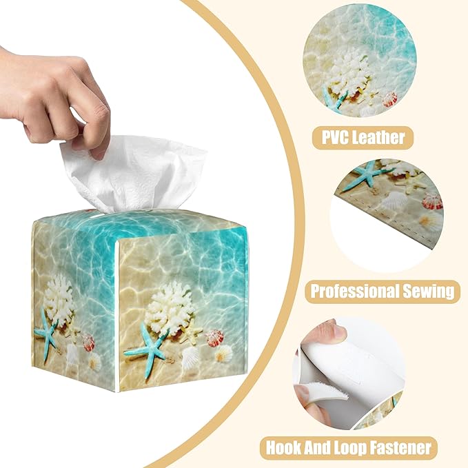 BLYKVGHQ Summer Beach Leather Tissue Box Holder Starfish and Seashell Tissue Box Cover Facial Paper Case Organizer Cube Napkin Dispenser for Bathroom Vanity Countertop Night Stand Office Car
