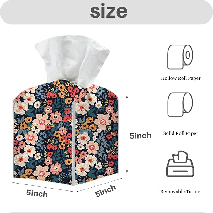 Tissue Box Cover, Tissue Box Holder, Square with Belt Bottom, PU Leather Decorative Organizer for Desk, Table, Countertop Bathroom, Toilet Car, Office, Dresser Bedside, Aesthetic Floral Decor