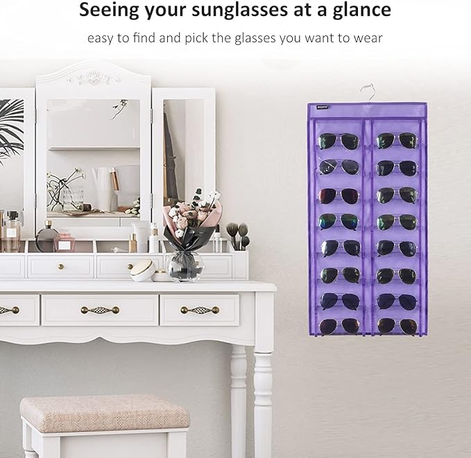 ANZORG Dual Sided Hanging Sunglasses Organizer Wall Eyeglass Holder Sunglass Rack for Home with 32 Dust Proof Pockets (32 Pockets-Purple)
