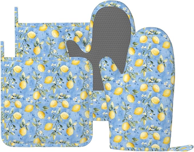 Oven Mitts Pot Holders Set Watercolor Lemon Flower Blue Silicone Kitchen Gloves Potholders Heat Resistant for Chef Baking Cooking Grilling BBQ 4 Pack Mitt