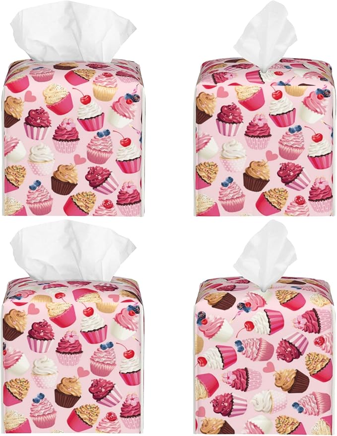 POIUBLE Tissue Box Holder Delicious Cupcakes Tissue Box Cover Square Leather Tissue Holder Organizer Portable Decorative Facial Paper Case for Home Office Bathroom Vanity Countertop