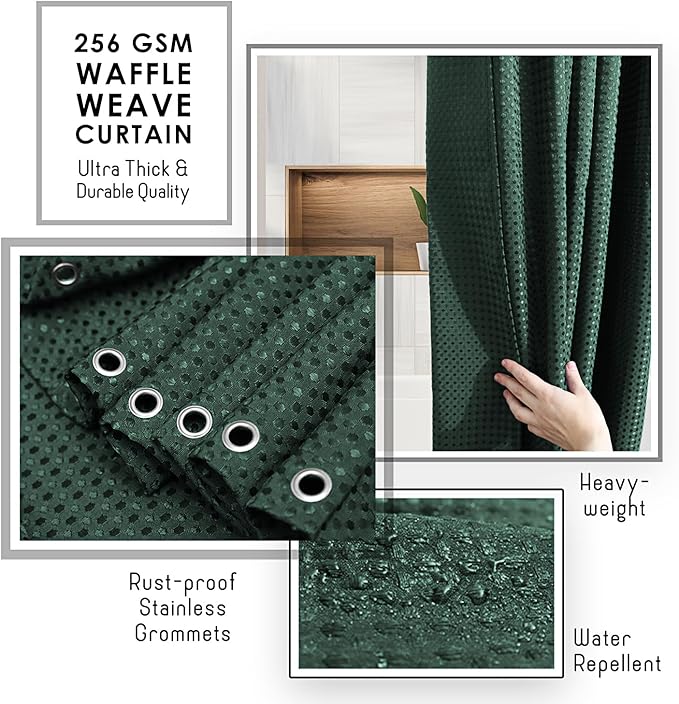 Clara Clark Hunter Green Shower Curtain - Hotel Quality Waffle Fabric Bath Curtain 72x72, Heavy Duty Waterproof Shower Curtains for Bathroom