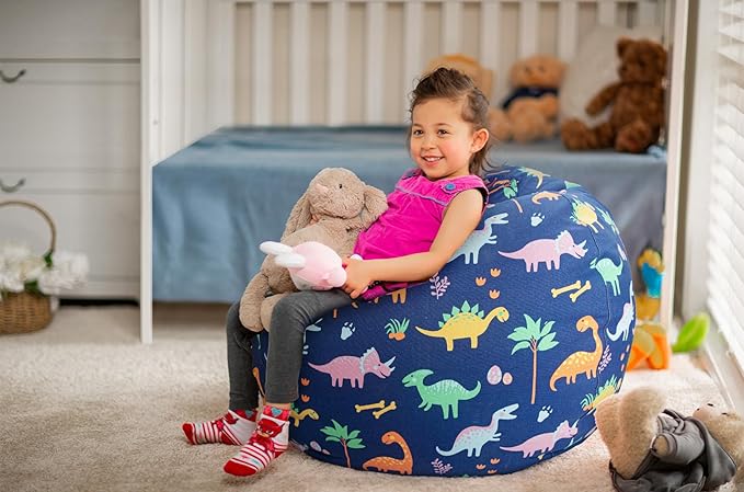 WEKAPO Stuffed Animal Storage Bean Bag Chair Cover for Kids | Stuffable Zipper Beanbag for Organizing Children Plush Toys Large Premium Cotton Canvas (Dinosaur, X-Large)