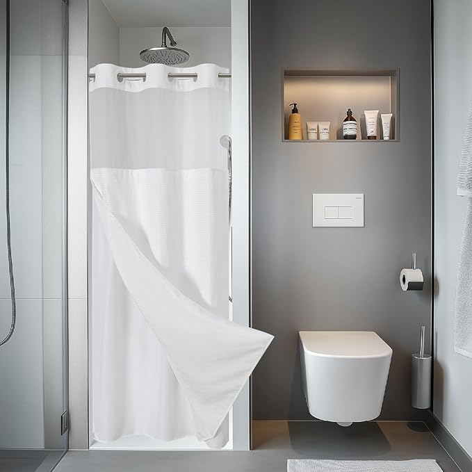 eachope White No Hook Waffle Weave Shower Curtain with snap-in Liner Replacement, 230GSM Waterproof Fabric Hotel Shower Curtain Set for Bathroom, Through Mesh Top Window,36Wx74H