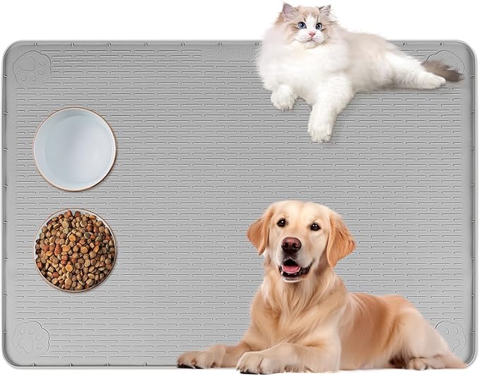 Bartuke Cat Food Mat, 40" x 28" Extra Large Silicone Pet Feeding Mat with Raised Edge Pet Placemat for Food and Water Bowl Non-Slip, Easy to Clean, Floor Protection (Grey)