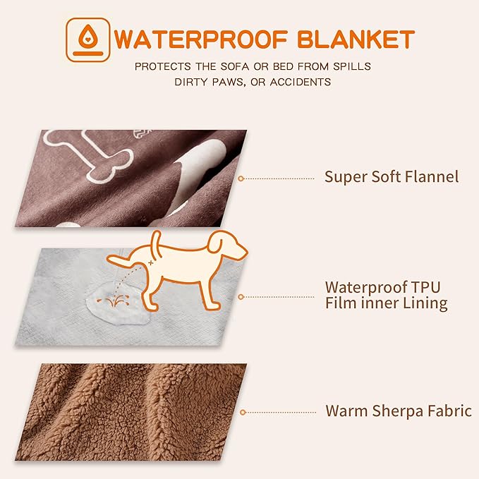 CAPT.SNOOZE Waterproof Dog Blankets Pet Blanket 60"x80", Soft Fluffy Sofa Car Bed Protector, Reversible Sherpa Fleece Dog Blanket for Large Dogs (Chocolate Brown-Bones)