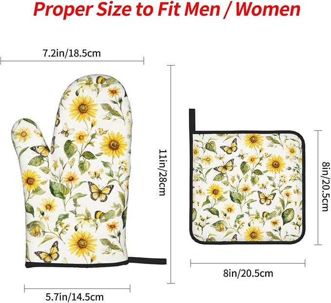 Oven Mitts and Pot Holders Sets of 4 Watercolor Sunflower Butterfly Kitchen Potholder Gloves Heat Resistant Non-Slip for Chef Baking Cooking Grilling BBQ Mittens