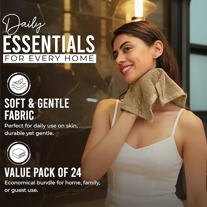 RIVERSIDE 24 Pack Washcloths Set - 100% Cotton [12x12 Inches] - 500 GSM, Soft, Quick-Dry & Highly Absorbent Face Towels - Perfect for Bathroom, Gym, Hotel, Spa & Travel - Tan