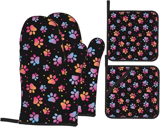 Dog Animal Paws Print Oven Mitts and Pot Holders 4 Pcs Set Oven Gloves and Potholders for Cooking Microwave BBQ Baking Grilling