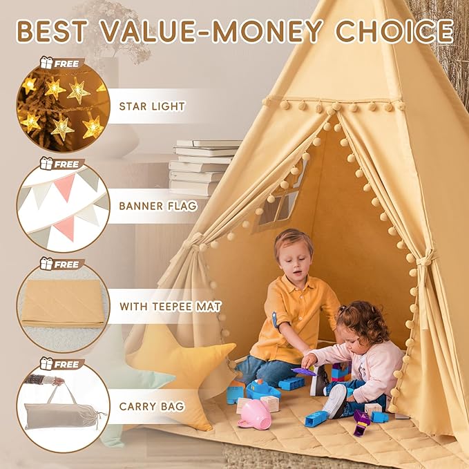 WIRHAO Teepee Tent for Kids with Mat, Cotton Canvas Kids Teepee with Pompom for Toddlers Indoor Play Tent for Girls Boys with Stars Lights, Carry Bag, Banner Flag (Khaki)