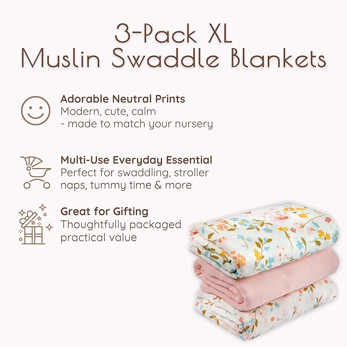 Muslin Swaddle Blankets Baby Blanket Set, 3 Pack 47"x47" Breathable Swaddles for Newborns, Soft Baby Swaddle Blanket for Girls, Muslin Blankets and Swaddles for Babies, Nursery Gift Set Pink Floral