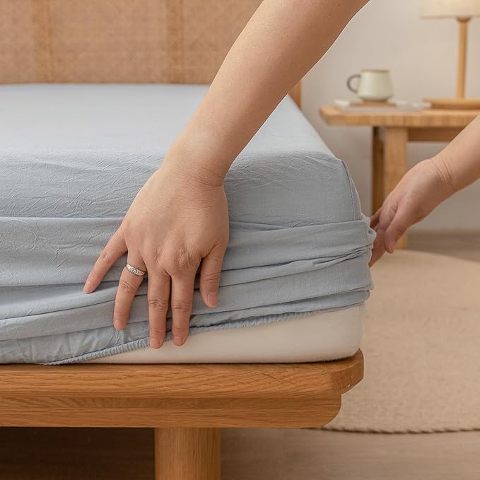 BESTOUCH Sheet Set 100% Washed Cotton Linen Feel Super Soft Comfortable Chic Lightweight 3 Pcs Home Bedding Set Solid Cornflower Blue Twin