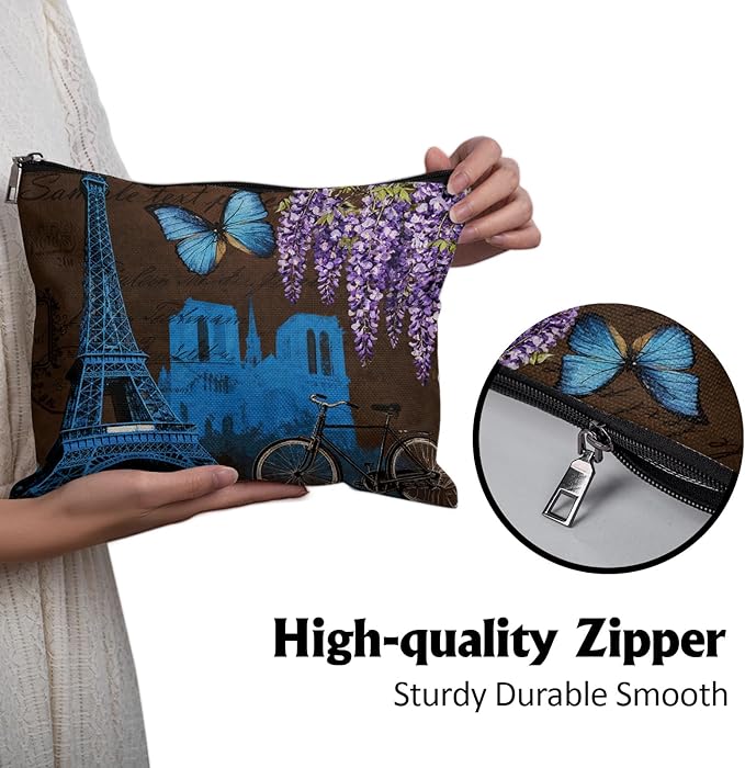 Cafl Eiffel Tower Vintage Wisteria Makeup Bag Travel Large Cosmetic Bag Organizer toiletry Essentials Jewelry Zipper Bag Gift For Women -10×8 inch