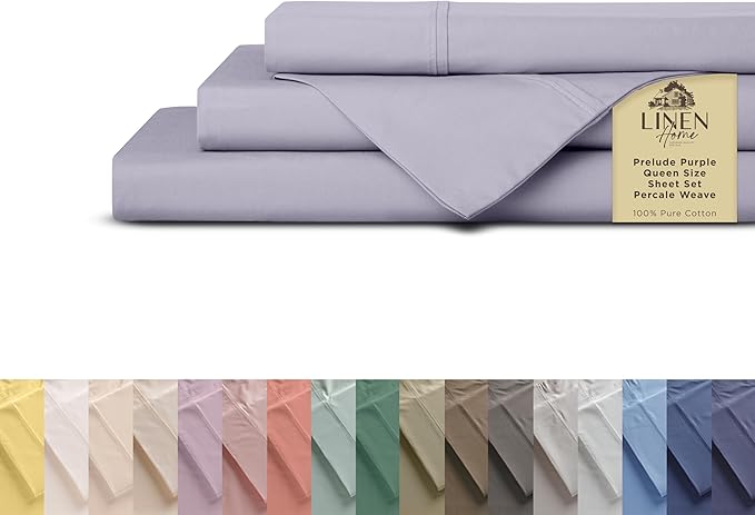 Linen Home 100% Cotton Percale Sheets Queen Size, Prelude Purple, Deep Pocket, 4 Pieces Set - 1 Flat, 1 Deep Pocket Fitted Sheet and 2 Pillowcases, Crisp Cool and Strong Bed Linen