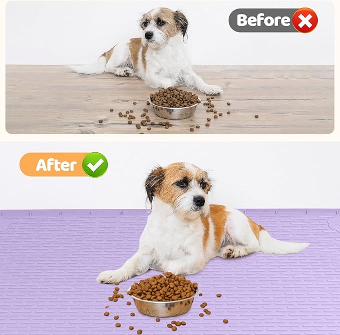 Bartuke Dog Food Mat, Extra Large 40" x 28" Silicone Pet Feeding Mat with Raised Edge Pet Placemat for Small, Medium, and Large Pets Non-Slip, Easy to Clean (Purple)