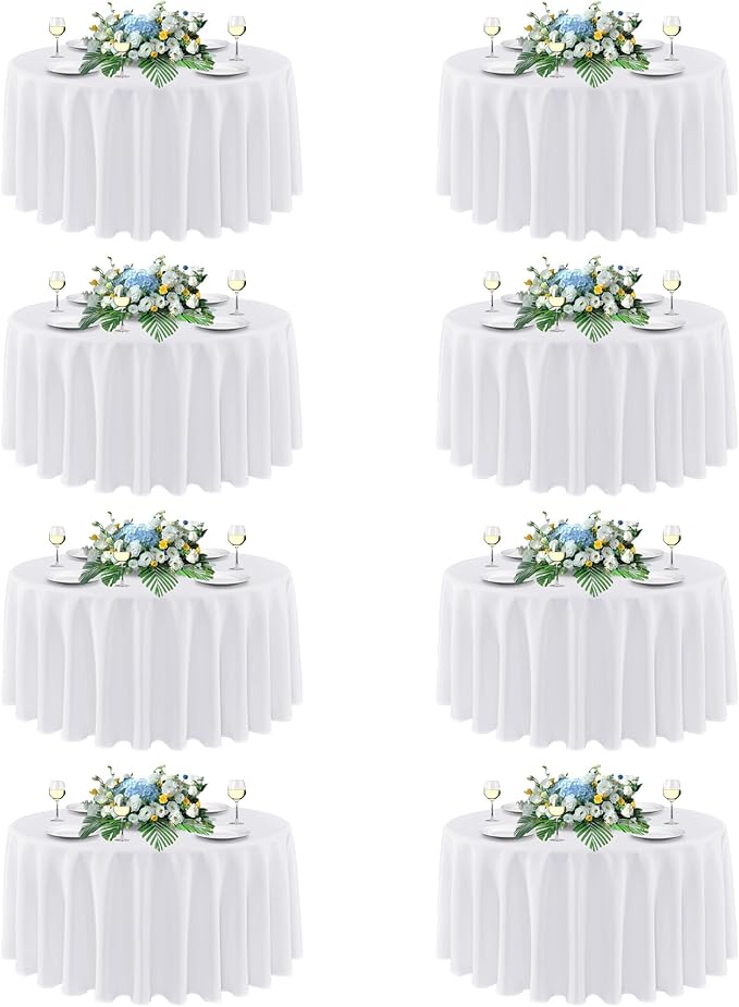 sancua White Round Tablecloth 108 Inch Diameter, 8 Pack - Circle Polyester Fabric Table Cloth for Wedding Party Reception Banquet Birthday, Washable Formal Table Cover (Fit 42-96 Inch Tables)