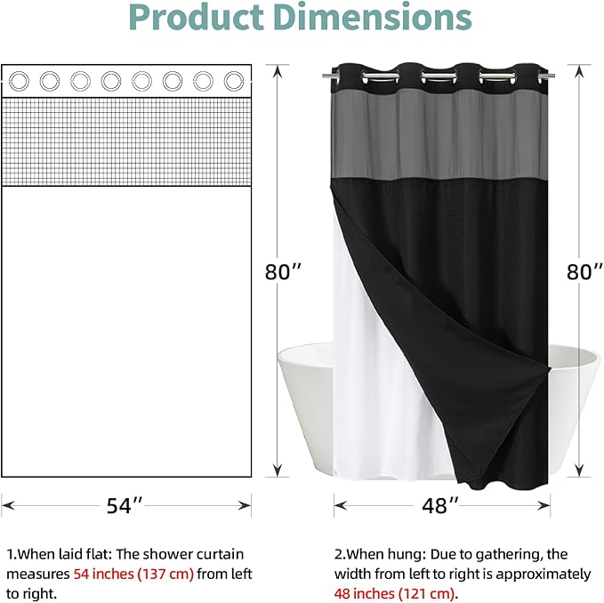eachope Stall Black No Hook Waffle Weave Shower Curtain with snap-in Liner Replacement, 230GSM Waterproof Fabric Hotel Shower Curtain Set for Bathroom, Through Mesh Top Window,54Wx80H