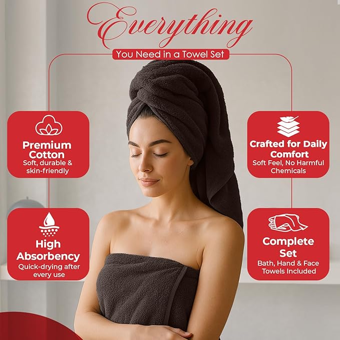 RIVERSIDE Pack of 8 Towels Set, 2 Large Bath, 2 Hand, 4 Face Washcloths, 100% Cotton Hotel Quality, Super Soft, Quick Dry, Highly Absorbent Perfect for Bathroom, Brown