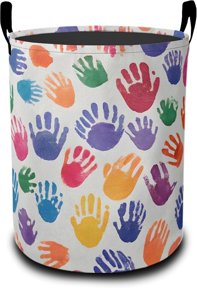 Laundry Basket,Cartoon Colorful Handprints Large Canvas Fabric Lightweight Storage Hamper Organizer Dirty Clothes Collapsible Waterproof for College Dorms,Bathroom