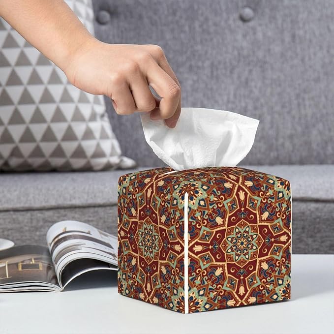 PVC Tissue Box Cover Holder,Mandala Square Decorative Organizer,5.2"X5.2"X5.2"Tissue Case for Bathroom,Tabletop,Car,Office