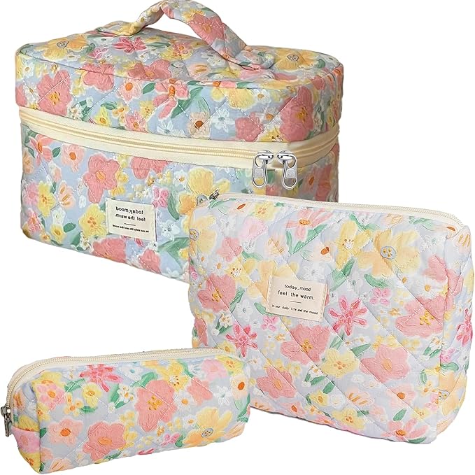 Cozomga Quilted Makeup Bag, Large Capacity Travel Cosmetic Bag for Women and Girls, Aesthetic Storage for Daily and Travel Use (3pcs-floweroilpainting Print)