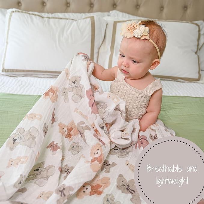 LollyBanks Muslin Swaddle Blankets for Boys and Girls, Large 47 x 47 Inches Soft Swaddles for Newborns, Breathable and Lightweight 100% Cotton Baby Receiving Blankets, Registry (Teddy Bear Theme)
