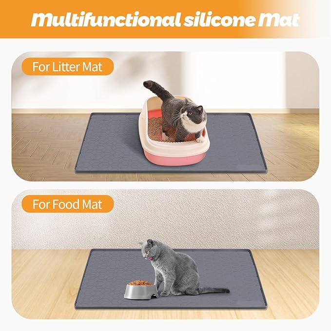 Bartuke Cat Litter Mat, Extra Large 34" x 22" Silicone Mat Litter Trapping Mat for Scatter Control, Soft on Kitty Paws, Easy to Clean (Dark Grey)