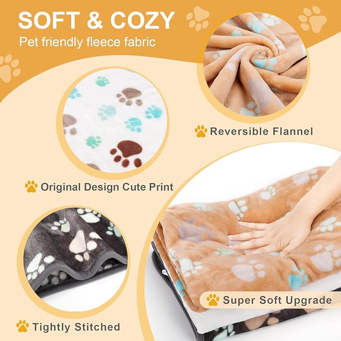 Gowyeg Dog Blanket for Large Dogs 3 Pack Dog Cat Flannel Blankets Washable Soft Pet Throw Cover for Kennel Crate Bed Cute Paw Pattern Pet Blanket Grey/White/Brown 41" x 31"