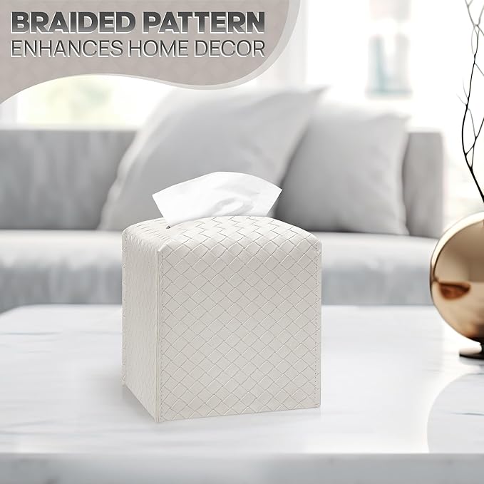 Tissue Box Cover Holder, PU Leather Tissue Box Cover with Braided Pattern, Square Tissue Holder with Bottom Belt, Modern Organizer for Bathroom, Car, Office, Tabletop(Pearl White,12 Braided Patterns)