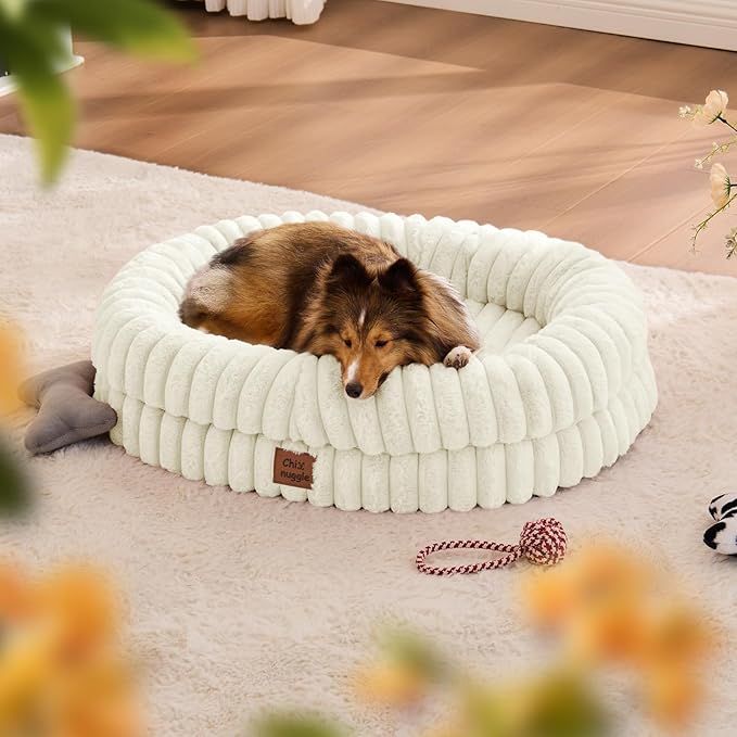 ChiXnuggle Dog Bed Medium Sized Dog - Luxury Striped Faux Fur Waterproof Pet Couch with Removable Washable Cover, Orthopedic Pet Bed with Bolster Sides for Sleeping, Cream