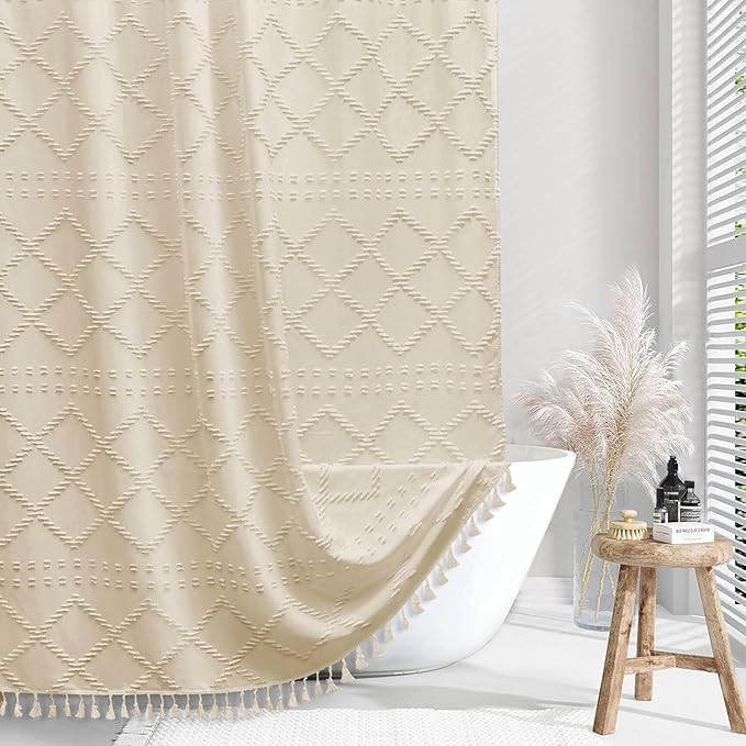 Siiluminisoy Extra Long Boho Farmhouse Shower Curtain - Woven Fabric Cream/Beige 84 Inch, 72 x 84 Tufted Chevron Textured Striped Modern Minimalist Cloth for Bathroom