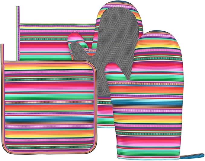 Mexican Colorful Stripe Oven Mitts Pot Holders Set Silicone Vertical Lines Bright Colors Kitchen Oven Mitts Heat Resistant Potholders Non-Slip 4pcs Hot Pads and Oven Gloves Sets for BBQ