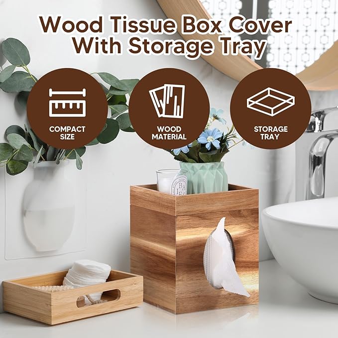 Tissue Box Cover, Wood Tissue Box Cover with Storage Tray Square Tissue Box Covers Holder for Bathroom, Bedroom, Dinner Table, Office, Tabletop 6" x 6" x 7.4"
