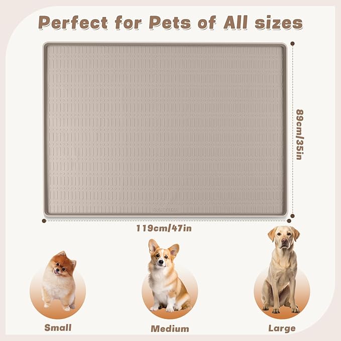 47" x 35" Silicone Dog Food Mat, Waterproof Pet Feeding Mat with Raised Edge, Extra Large Dog Bowl Mat Non-Slip Water Bowl Placemats for Dogs, Protects Floors, Easy to Clean (Beige)