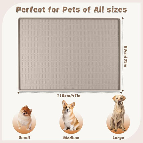 47" x 35" Silicone Dog Food Mat, Waterproof Pet Feeding Mat with Raised Edge, Extra Large Dog Bowl Mat Non-Slip Water Bowl Placemats for Dogs, Protects Floors, Easy to Clean (Beige)