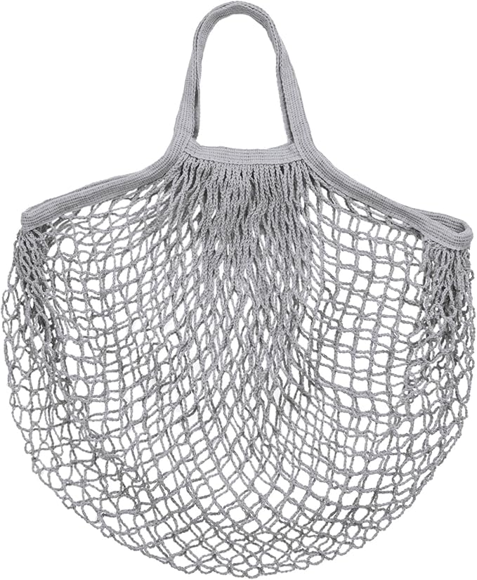 M METERXITY 1-Pack Cotton Mesh Bag, Reusable Washable Mesh Net String Grocery Bags, Reusable Produce Bags with Handle, Net Tote Bag for Fruits/Vegetables Shopping [Gray, Short Handle]